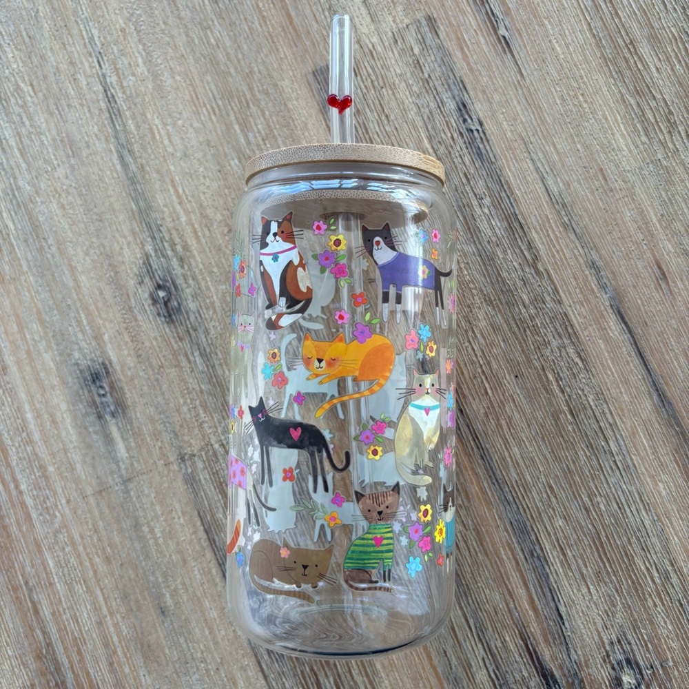 Cute Glass Cat Cup with glass Straw
